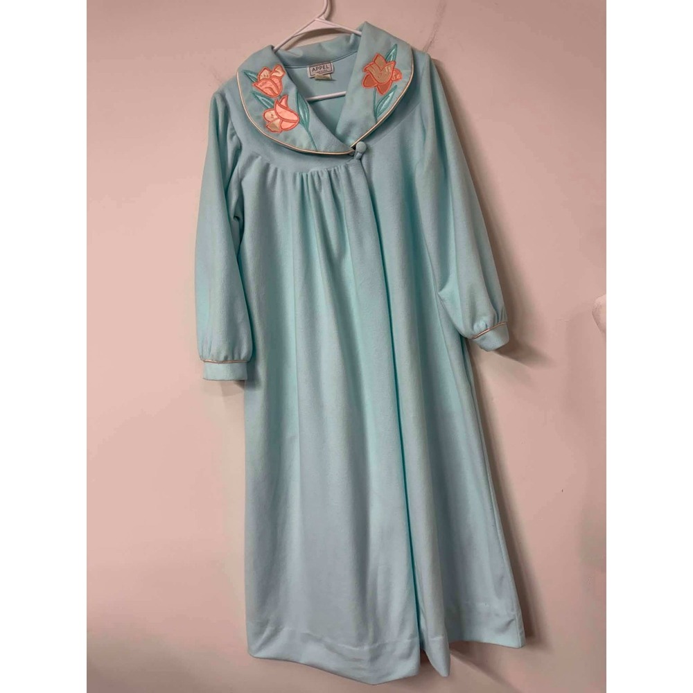 Vintage Appel Blue Fleece Robe Floral Embroidered Collar Housecoat Made in USA